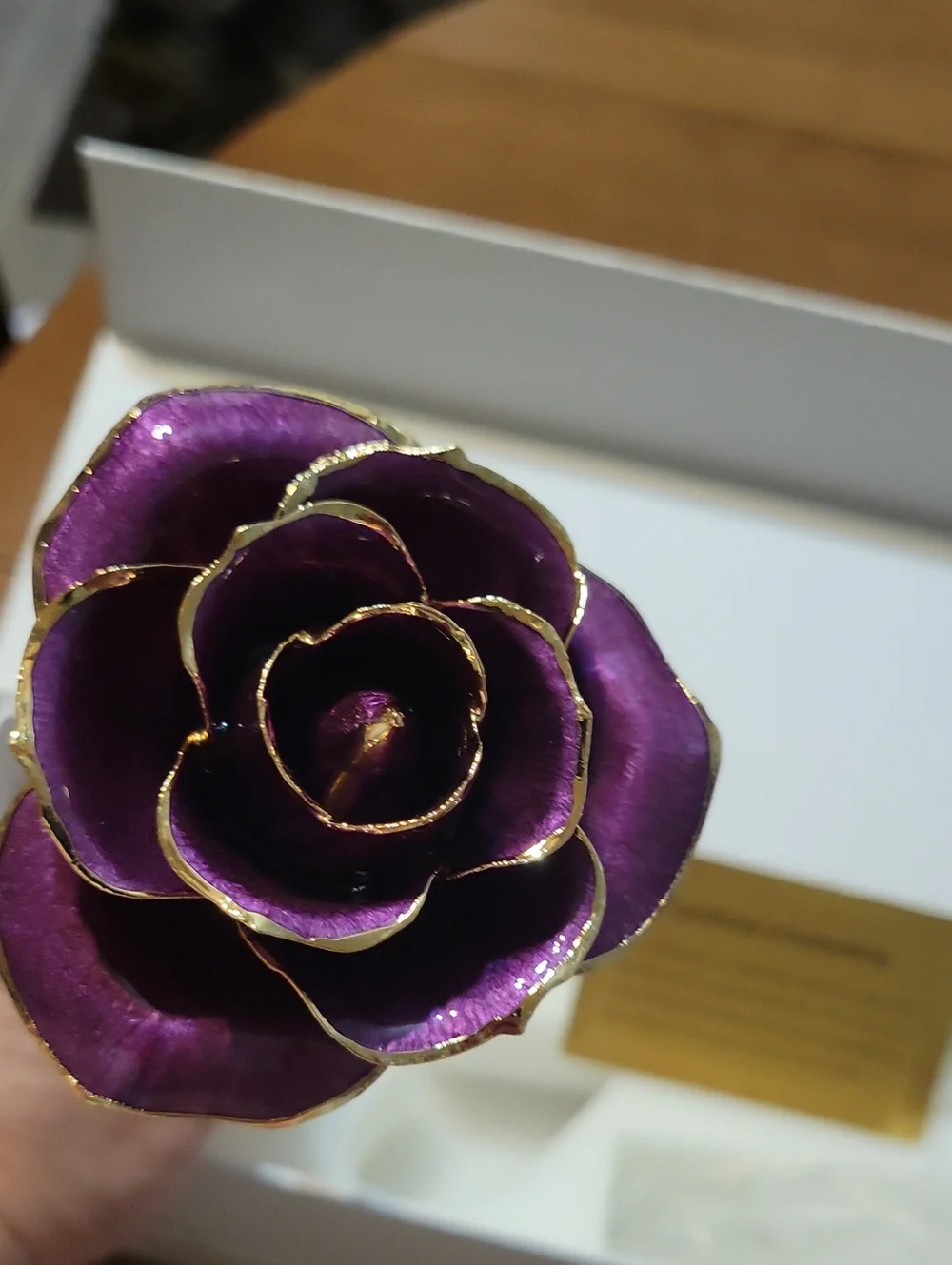 Gold Plated Stem Purple Enamel Rose - Gift Boxed